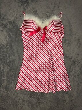 Striped Red & White Satin Chemise with Faux-Fur Trim